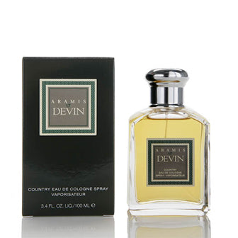 Aramis Devin cologne bottle with black box packaging, yellow fragrance in clear glass with silver cap