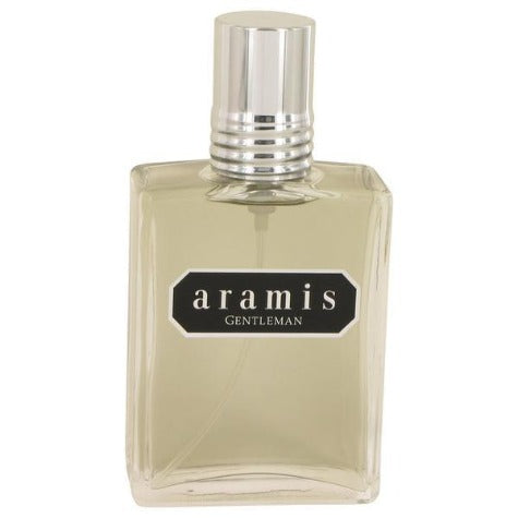Aramis Gentleman cologne bottle with clear glass and silver-striped cap on white background