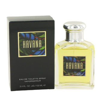 Aramis Havana Eau De Toilette bottle with black box, yellow liquid in clear glass container with silver cap