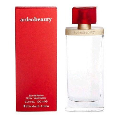 Arden Beauty eau de parfum bottle with red cap next to red box packaging