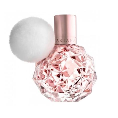 Ariana Grande Ari Eau De Parfum bottle with pink geometric crystal design and rose gold cap, displayed with white fluffy pom-pom applicator.