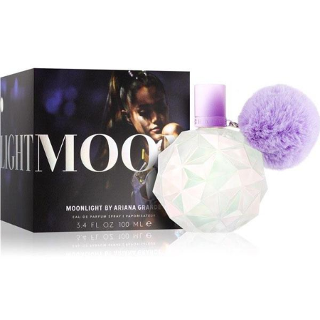 Ariana Grande Moonlight Eau de Parfum 3.4 oz iridescent faceted bottle with pom pom and packaging box front view