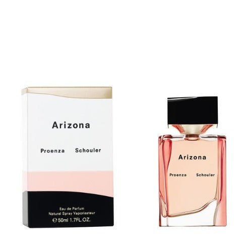 Arizona Eau De Parfum by Proenza Schouler, box and 50ml bottle with peachy-pink liquid and black cap