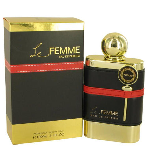 Armaf Le Femme perfume bottle with gold cap and black box with gold accents and red stripe