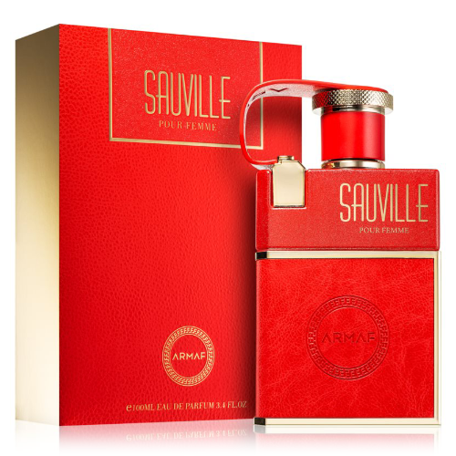 Armaf Sauville red eau de parfum bottle with matching box and gold accents