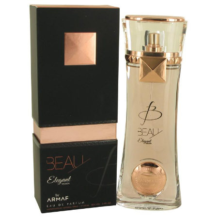 Armaf Beau Elegant perfume bottle with gold accents next to black and rose gold packaging box
