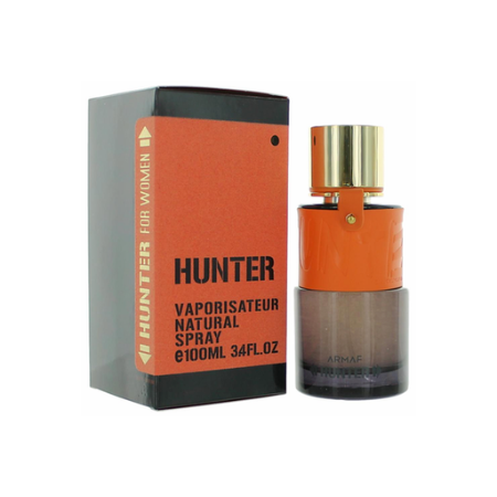 Armaf Hunter Eau De Parfum bottle with orange and brown gradient design next to gray box packaging