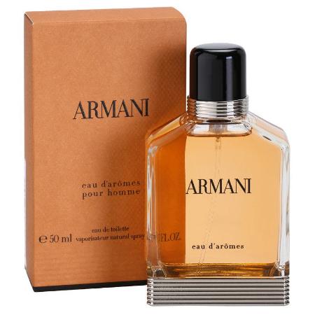 Armani Eau D'Aromes 50ml bottle with tan box and striped base, displayed together