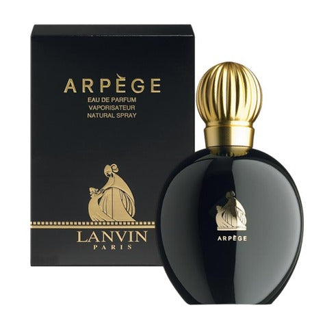 Arpege eau de parfum bottle with gold cap and black box packaging by Lanvin Paris