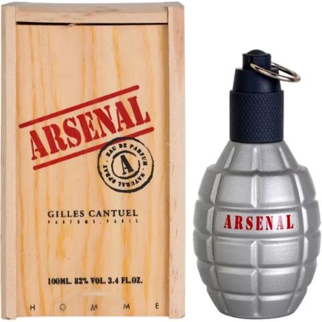 Arsenal Grey fragrance bottle with wooden box packaging displayed side by side