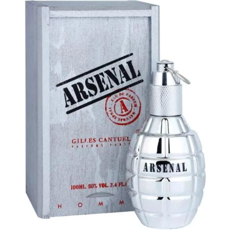 Arsenal Platinum fragrance bottle with grenade-shaped silver design and gray box packaging
