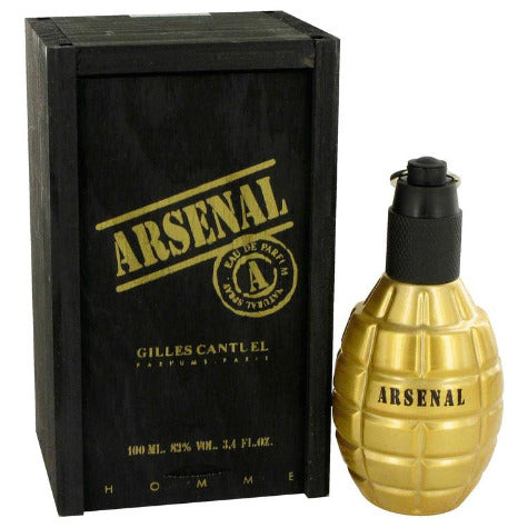 Arsenal Gold fragrance bottle with grenade shape next to black box packaging with gold lettering