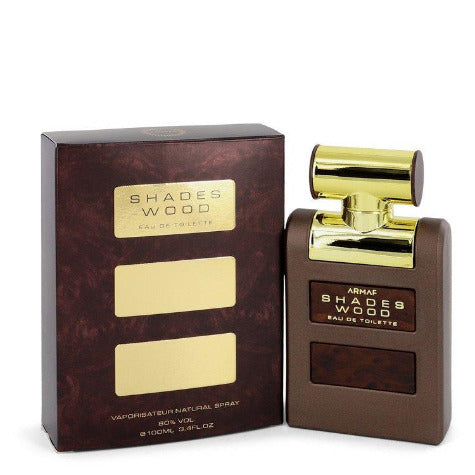 Armaf Shades Wood Eau De Toilette bottle with brown box packaging, gold accents