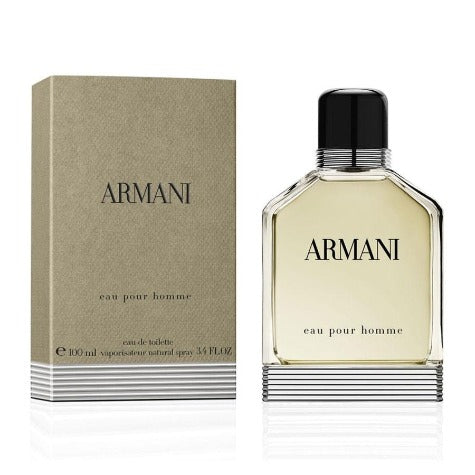 Armani Eau Pour Homme box and bottle with pale yellow liquid and black cap