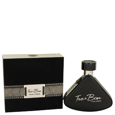 Armaf Tres Bon fragrance bottle with black box packaging and gray fabric band with white label.