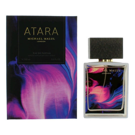 Atara Eau De Parfum by Michael Malue London with vibrant purple and blue packaging and glass bottle.