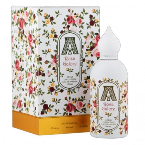 Attar Rosa Galore perfume bottle with floral patterned box and matching packaging in white and gold tones.