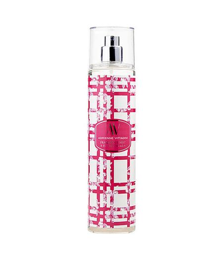 Pink and white geometric patterned body spray bottle with silver atomizer top