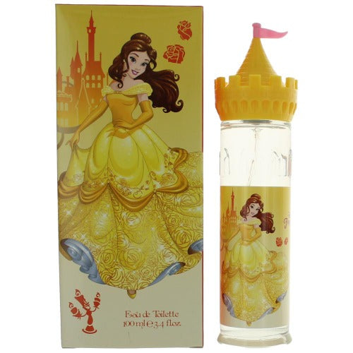Belle Eau De Toilette perfume bottle and box with castle and yellow ball gown design