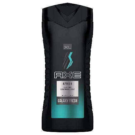 Axe Apollo black body wash bottle with teal label and dark packaging