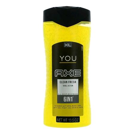 Axe You Clean Fresh 6-in-1 body wash bottle, yellow with black cap, 13.5 oz size