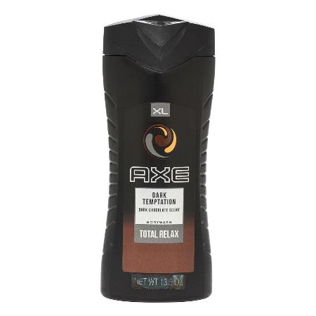 Axe Dark Temptation body wash bottle, black with brown label, 16 fl oz size