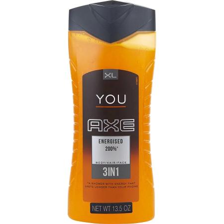 Axe You Energised 3-in-1 body wash bottle in orange and black, 13.5 oz size