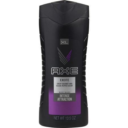 Axe Excite black body wash bottle with purple accent label, 13.5 oz size