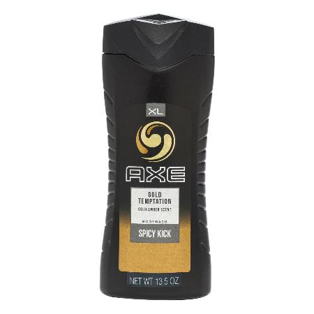 Axe Gold Temptation body wash bottle, black with gold accents, 13.5 oz size