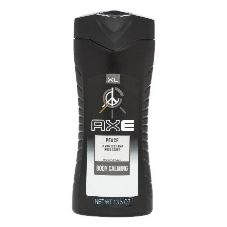 Axe Peace body wash bottle, black plastic with white label, 13.5 oz size