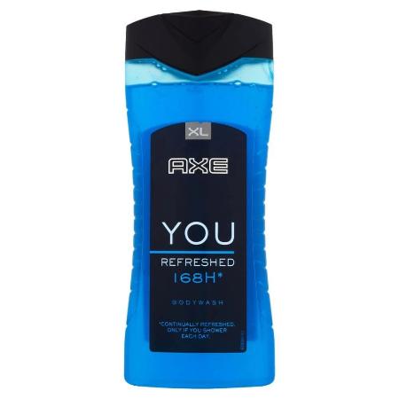 Axe You Refreshed blue body wash bottle with black cap and label