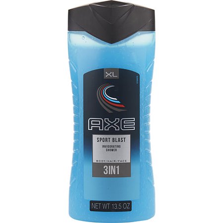Axe Sport Blast 3-in-1 body wash bottle, blue gel with black cap, 13.5 oz size