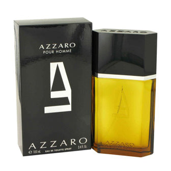 Azzaro Pour Homme fragrance with black box, yellow liquid visible in bottle with black cap.