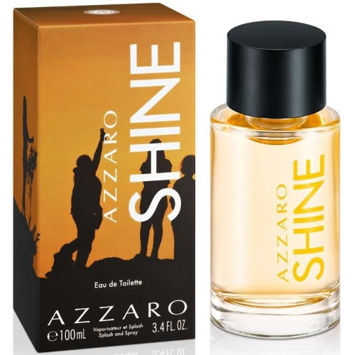 Azzaro Shine Eau De Toilette bottle with black cap next to orange box packaging
