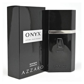 Azzaro Onyx black fragrance bottle with packaging box displayed side by side