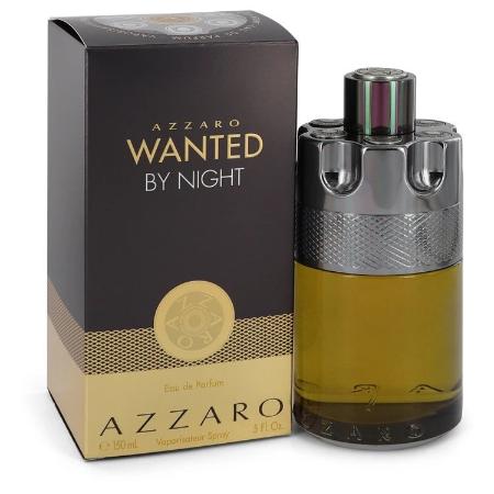 Azzaro Wanted By Night perfume bottle with black cap next to black and gold box packaging