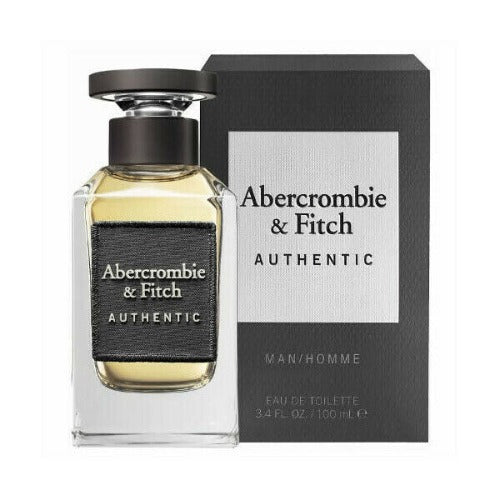Abercrombie & Fitch Authentic cologne bottle with box, yellow liquid in clear glass with black label and dark packaging.