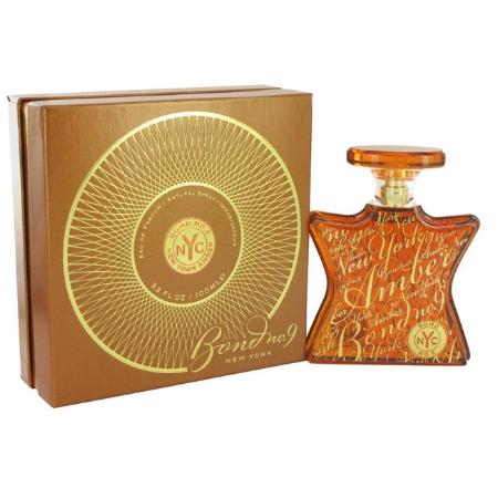 Bond No. 9 New York Amber perfume bottle with gold circular box packaging