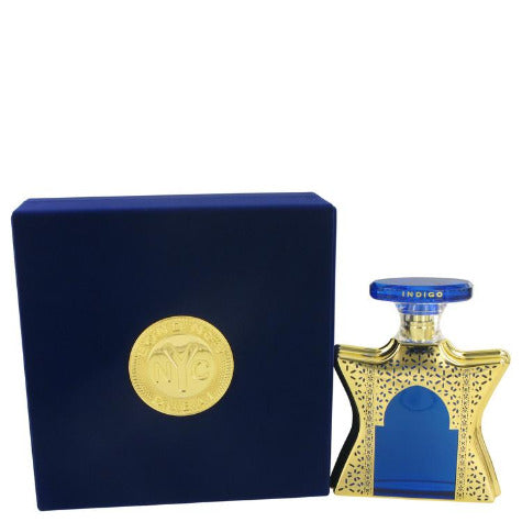 Bond No. 9 Dubai Indigo fragrance bottle with navy box and gold coin emblem