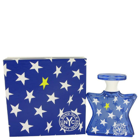 Bond No. 9 Liberty Island blue perfume box and bottle with white star pattern