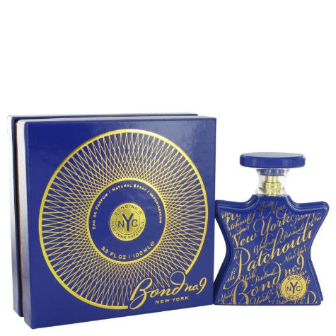 Bond No. 9 Patchouli blue box and bottle with gold circular design and text