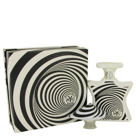 Bond No. 9 Soho perfume bottle with black and white spiral striped packaging box