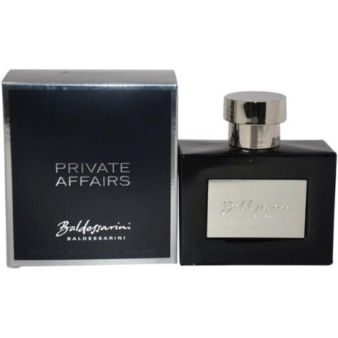 Baldessarini Private Affairs fragrance bottle with black box and silver cap.