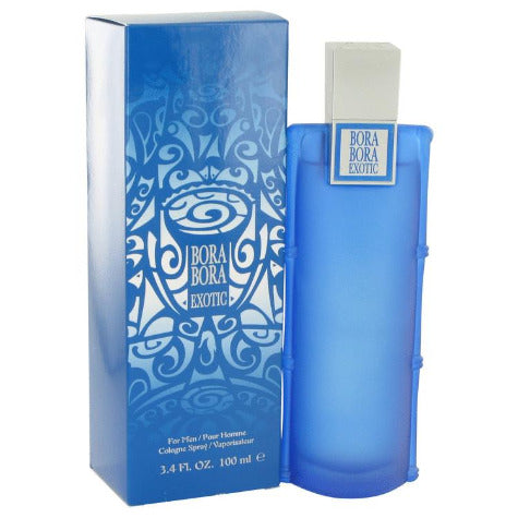 Bora Bora Exotic blue cologne bottle with decorative box packaging, 3.4 fl oz size.