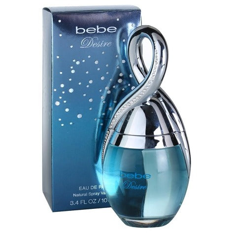 Bebe Desire fragrance bottle with silver cap and blue gradient liquid, displayed next to navy packaging box.
