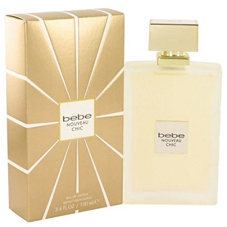 Bebe Nouveau Chic gold box and glass perfume bottle with rectangular cap