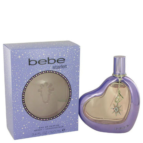 Bebe Starlet purple heart-shaped perfume bottle next to blue starry box packaging