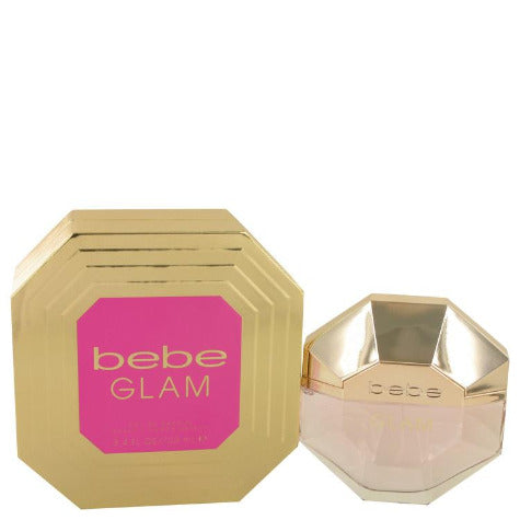 Bebe Glam perfume bottle in champagne gold with matching octagonal box in pink and gold packaging.