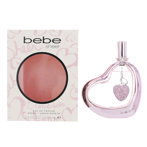 Bebe Sheer perfume box and heart-shaped bottle with pink gemstone charm