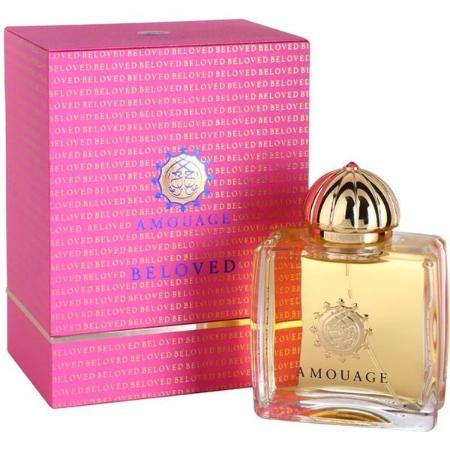 Amouage Beloved Eau De Parfum bottle with gold cap next to pink box labeled Beloved.